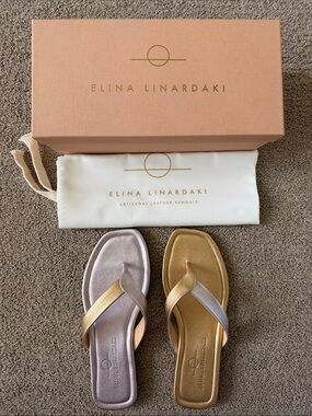 Elina Linardaki Metallic Gold & Silver Leather Sandals Size 38